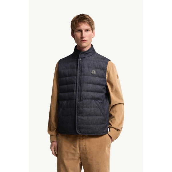 Moncler Liorane Denim Down Gilet in Dark Blue, view 4 | Men's Jackets | Coveti