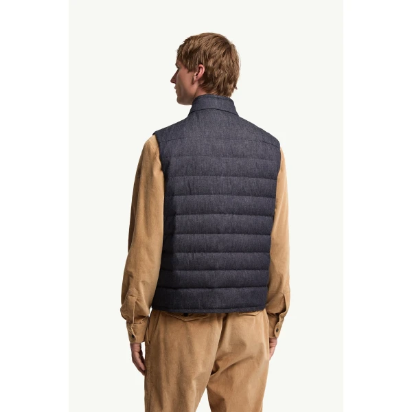 Moncler Liorane Denim Down Gilet in Dark Blue, view 5 | Men's Jackets | Coveti