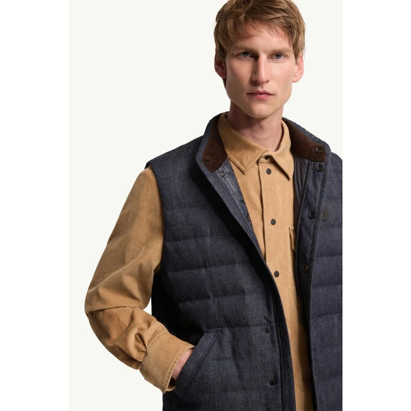 Moncler Liorane Denim Down Gilet in Dark Blue, view 6 | Men's Jackets | Coveti