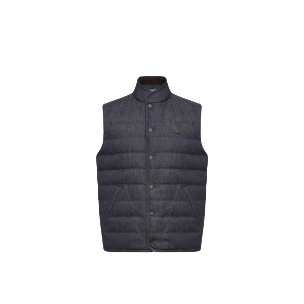 Moncler Liorane Denim Down Gilet in Dark Blue | Men's Jackets | Coveti