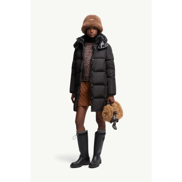 Moncler Litte Square-Quilted Hooded Long Down Jacket in Black, view 2 | Women's Puffer and Down Coats | Coveti
