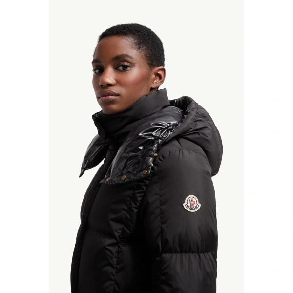 Moncler Litte Square-Quilted Hooded Long Down Jacket in Black, view 3 | Women's Puffer and Down Coats | Coveti