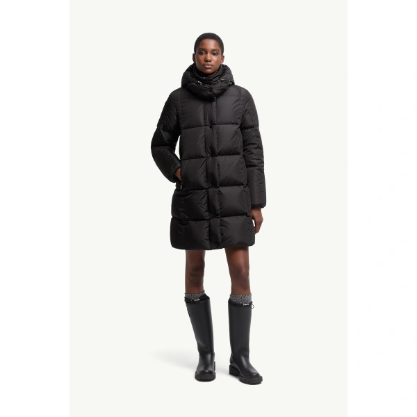 Moncler Litte Square-Quilted Hooded Long Down Jacket in Black, view 4 | Women's Puffer and Down Coats | Coveti
