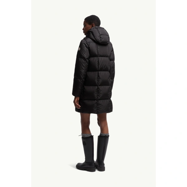 Moncler Litte Square-Quilted Hooded Long Down Jacket in Black, view 5 | Women's Puffer and Down Coats | Coveti