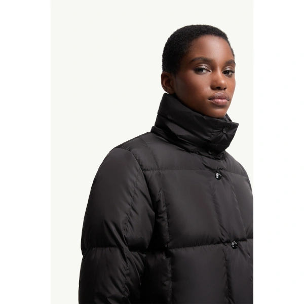 Moncler Litte Square-Quilted Hooded Long Down Jacket in Black, view 6 | Women's Puffer and Down Coats | Coveti