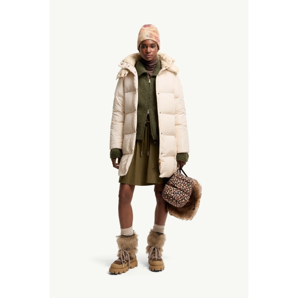 Moncler Litte Square-Quilted Hooded Long Down Jacket in White Ivory, view 2 | Women's Puffer and Down Coats | Coveti