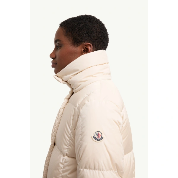 Moncler Litte Square-Quilted Hooded Long Down Jacket in White Ivory, view 3 | Women's Puffer and Down Coats | Coveti
