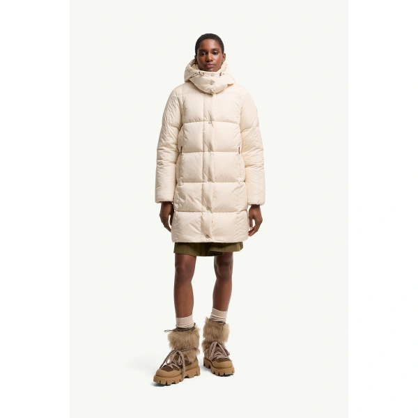 Moncler Litte Square-Quilted Hooded Long Down Jacket in White Ivory, view 4 | Women's Puffer and Down Coats | Coveti