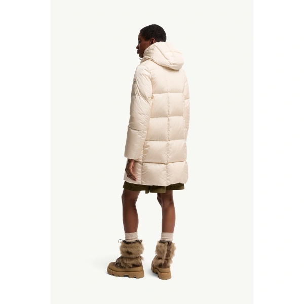Moncler Litte Square-Quilted Hooded Long Down Jacket in White Ivory, view 5 | Women's Puffer and Down Coats | Coveti