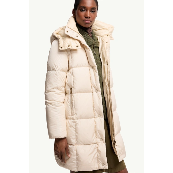 Moncler Litte Square-Quilted Hooded Long Down Jacket in White Ivory, view 6 | Women's Puffer and Down Coats | Coveti
