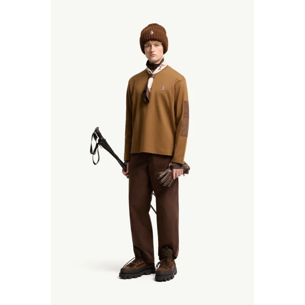 Moncler Logo Cotton Long Sleeve T-Shirt in Light Brown, view 2 | Men's T-shirts | Coveti