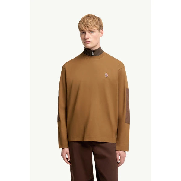 Moncler Logo Cotton Long Sleeve T-Shirt in Light Brown, view 4 | Men's T-shirts | Coveti