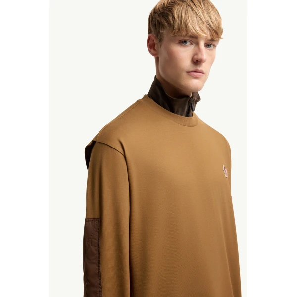 Moncler Logo Cotton Long Sleeve T-Shirt in Light Brown, view 6 | Men's T-shirts | Coveti