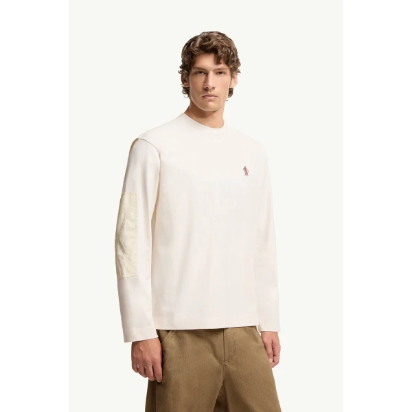Moncler Logo Cotton Long Sleeve T-Shirt in White, view 4 | Men's T-shirts | Coveti