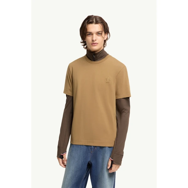 Moncler Logo Patch Cotton Blend T-Shirt (Three Pack) in Beige & Brown & Black, view 4 | Men's T-shirts | Coveti