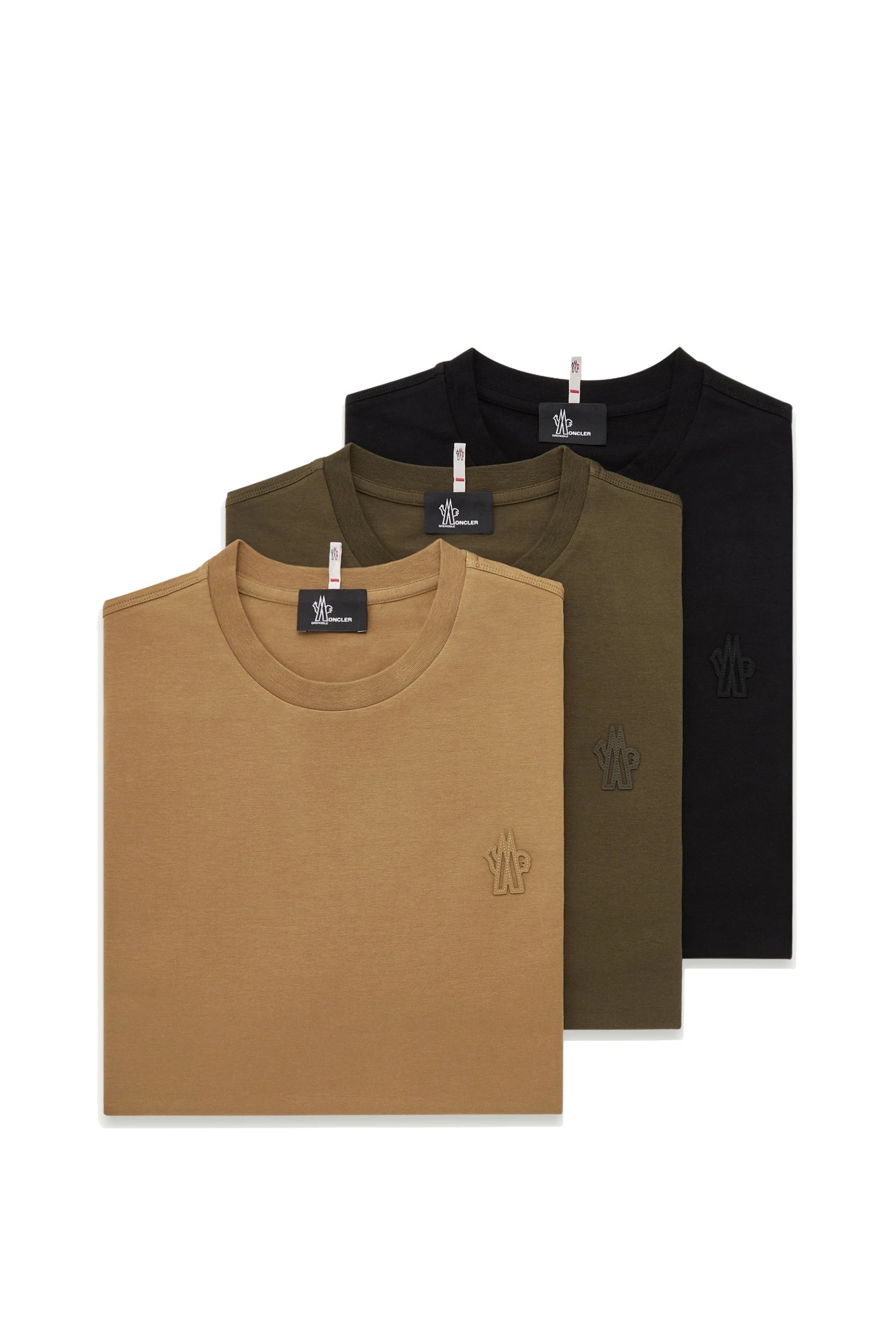 Moncler Logo Patch Cotton Blend T-Shirt (Three Pack) in Beige & Brown & Black Moncler Logo Patch Cotton Blend T-Shirt (Three Pack) in Beige & Brown & Black | Men's T-shirts | Coveti