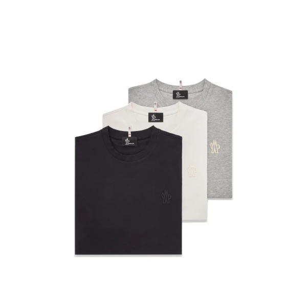 Moncler Logo Patch Cotton Blend T-Shirt (Three Pack) in Navy Blue & White & Grey | Men's T-shirts | Coveti