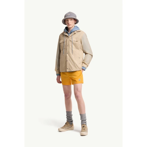 Moncler Logo Patch Long Sleeve Shirt Jacket in Beige, view 2 | Men's Jackets | Coveti