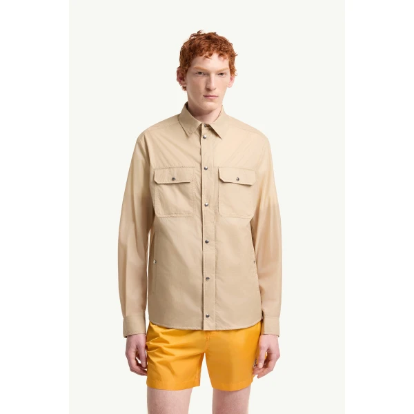 Moncler Logo Patch Long Sleeve Shirt Jacket in Beige, view 4 | Men's Jackets | Coveti