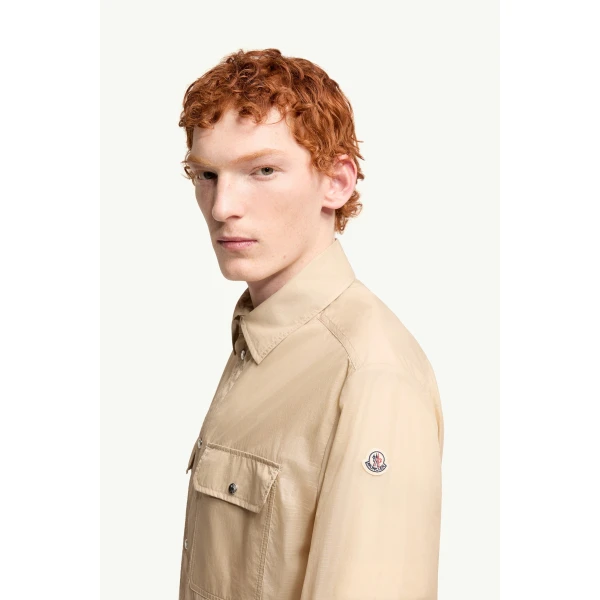 Moncler Logo Patch Long Sleeve Shirt Jacket in Beige, view 6 | Men's Jackets | Coveti