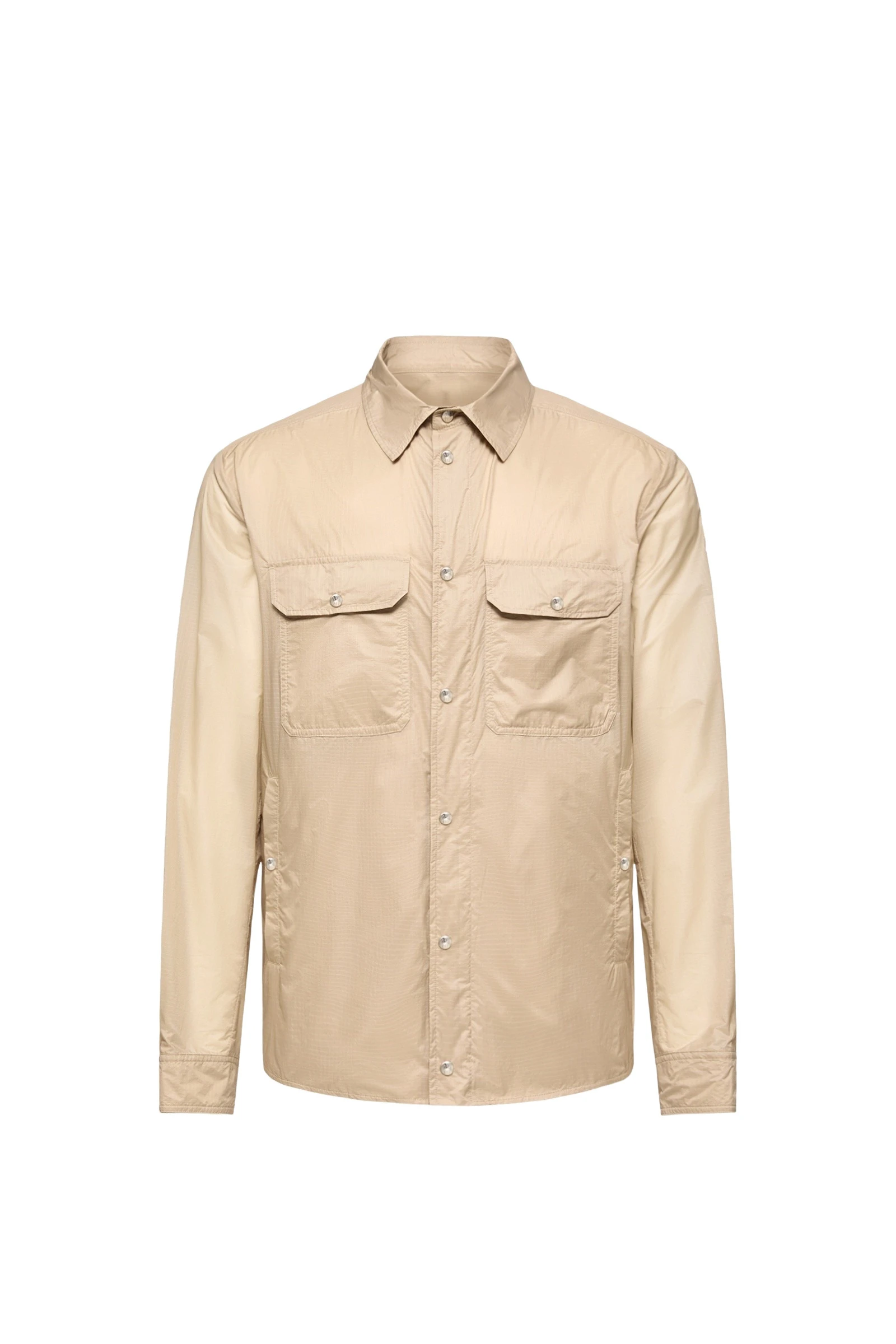 Moncler Logo Patch Long Sleeve Shirt Jacket in Beige Moncler Logo Patch Long Sleeve Shirt Jacket in Beige | Men's Jackets | Coveti
