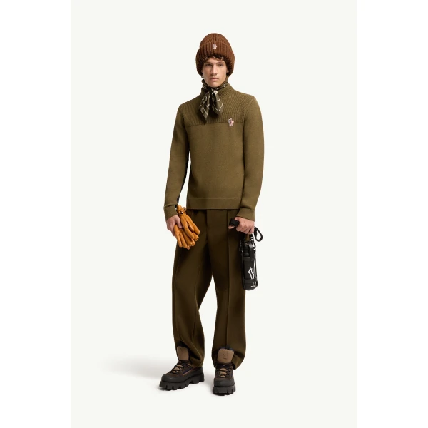 Moncler Logo Wool Blend Polo Neck in Olive Green, view 2 | Men's Skiwear | Coveti