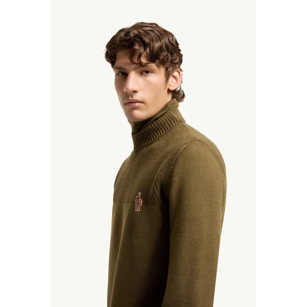 Moncler Logo Wool Blend Polo Neck in Olive Green, view 3 | Men's Skiwear | Coveti