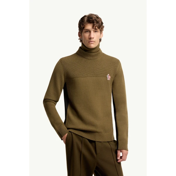 Moncler Logo Wool Blend Polo Neck in Olive Green, view 4 | Men's Skiwear | Coveti