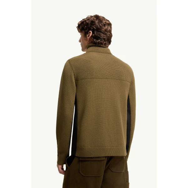 Moncler Logo Wool Blend Polo Neck in Olive Green, view 5 | Men's Skiwear | Coveti