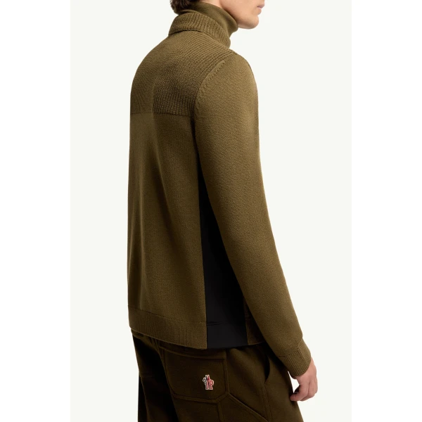 Moncler Logo Wool Blend Polo Neck in Olive Green, view 6 | Men's Skiwear | Coveti