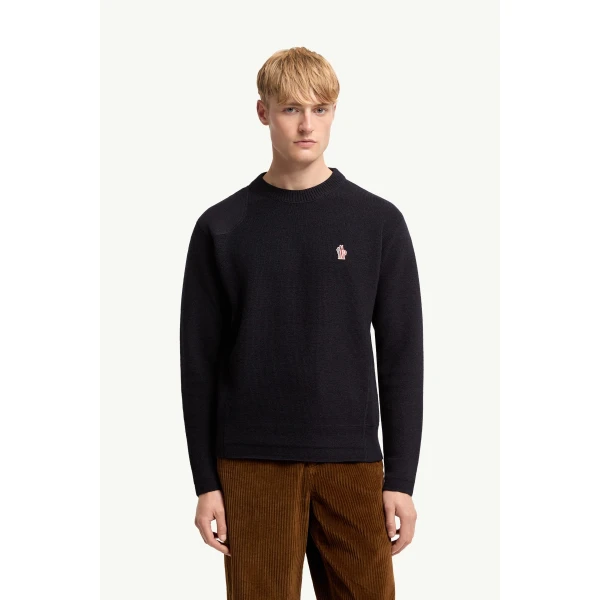 Moncler Logo Wool Jumper in Dark Blue, view 4 | Men's Knitwear | Coveti