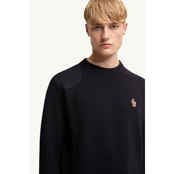 Moncler Logo Wool Jumper in Dark Blue, view 6 | Men's Knitwear | Coveti