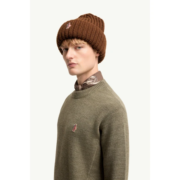 Moncler Logo Wool Jumper in Olive Green, view 3 | Men's Knitwear | Coveti