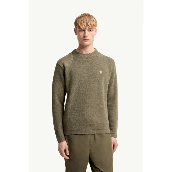 Moncler Logo Wool Jumper in Olive Green, view 4 | Men's Knitwear | Coveti