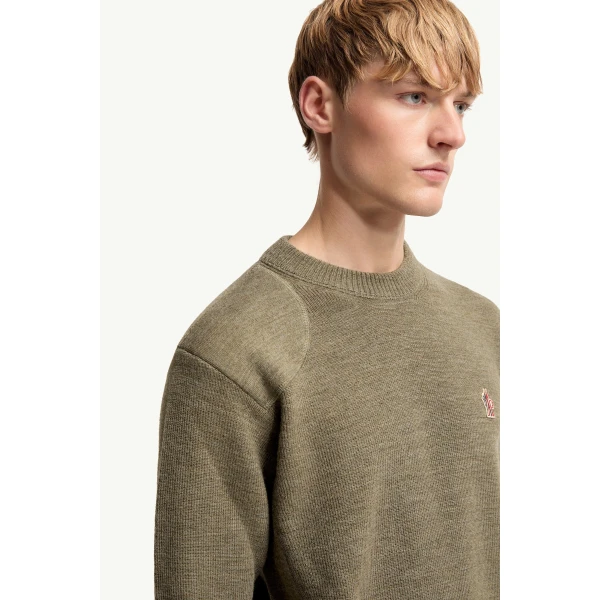 Moncler Logo Wool Jumper in Olive Green, view 6 | Men's Knitwear | Coveti