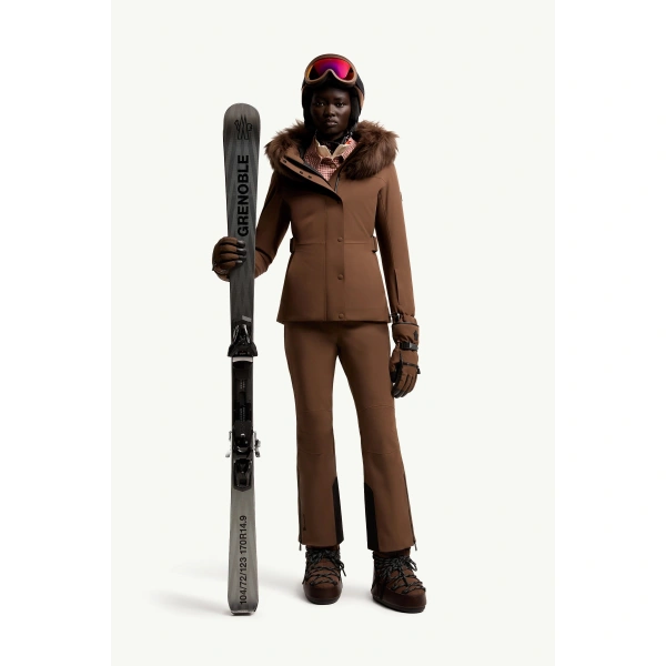 Moncler Loira Hooded Padded Ski Jacket in Brown, view 2 | Women's Ski Jackets | Coveti