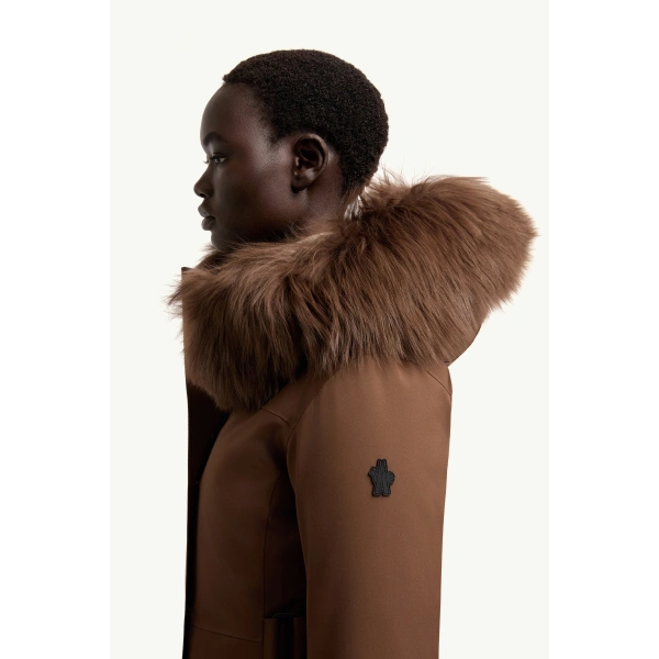 Moncler Loira Hooded Padded Ski Jacket in Brown, view 3 | Women's Ski Jackets | Coveti