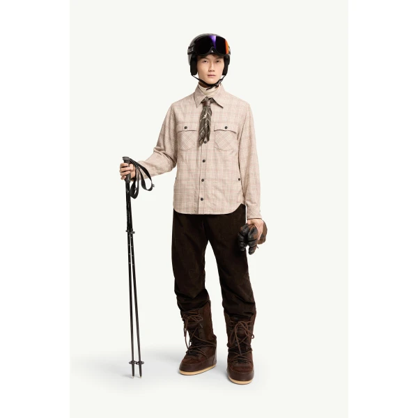 Moncler Long Sleeve Check Cotton Shirt in Beige & Pink, view 2 | Men's Shirts | Coveti