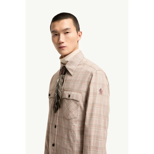 Moncler Long Sleeve Check Cotton Shirt in Beige & Pink, view 3 | Men's Shirts | Coveti