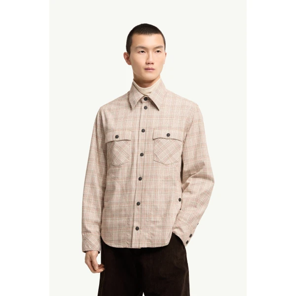 Moncler Long Sleeve Check Cotton Shirt in Beige & Pink, view 4 | Men's Shirts | Coveti