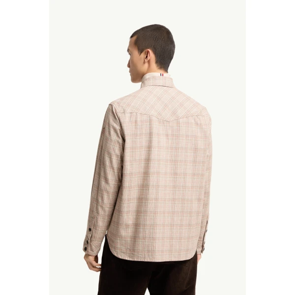Moncler Long Sleeve Check Cotton Shirt in Beige & Pink, view 5 | Men's Shirts | Coveti