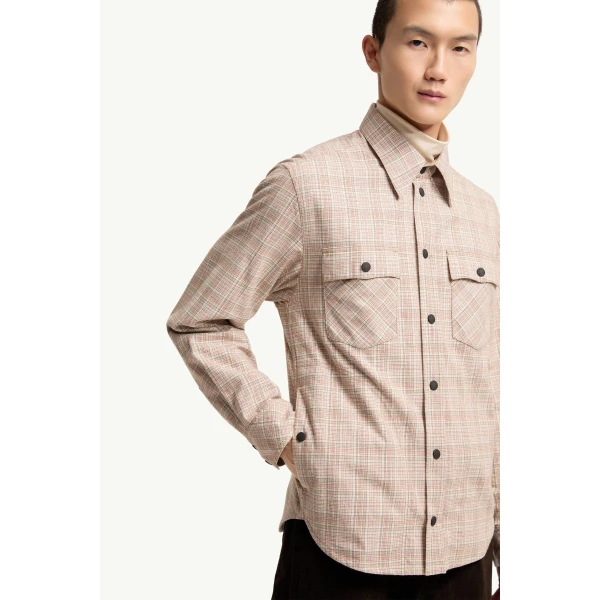 Moncler Long Sleeve Check Cotton Shirt in Beige & Pink, view 6 | Men's Shirts | Coveti
