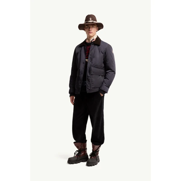 Moncler Louron Corduroy-Trimmed Short Down Jacket in Navy Blue, view 2 | Men's Jackets | Coveti