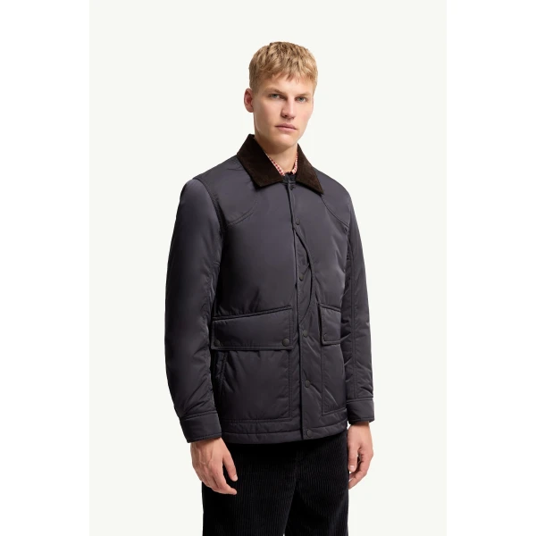 Moncler Louron Corduroy-Trimmed Short Down Jacket in Navy Blue, view 4 | Men's Jackets | Coveti