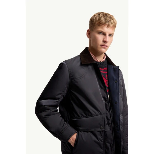 Moncler Louron Corduroy-Trimmed Short Down Jacket in Navy Blue, view 6 | Men's Jackets | Coveti