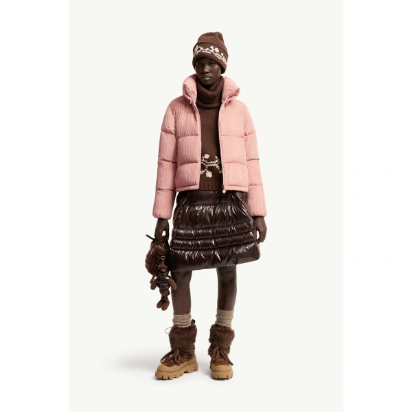 Moncler Lumineux Corduroy Short Down Jacket in Pink, view 2 | Women's Puffer Jackets | Coveti