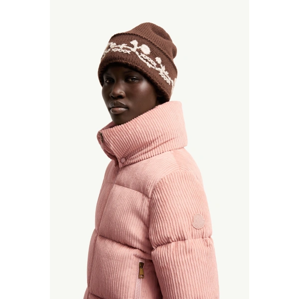 Moncler Lumineux Corduroy Short Down Jacket in Pink, view 3 | Women's Puffer Jackets | Coveti