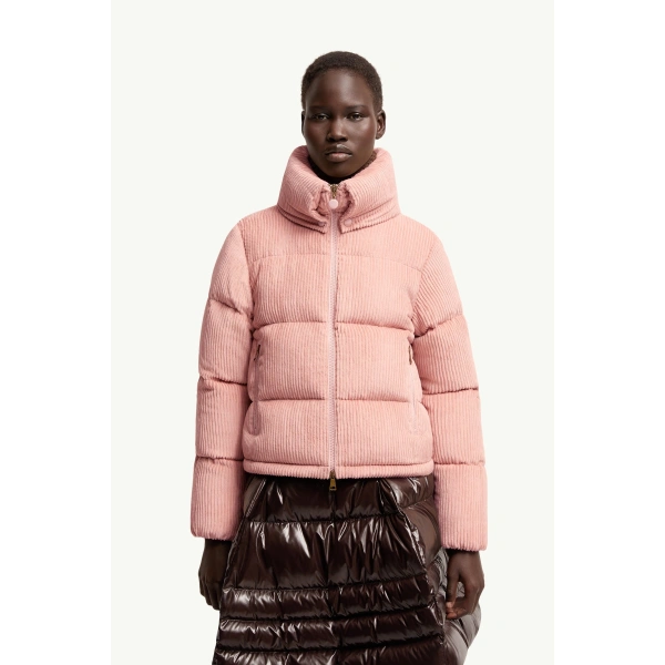 Moncler Lumineux Corduroy Short Down Jacket in Pink, view 4 | Women's Puffer Jackets | Coveti