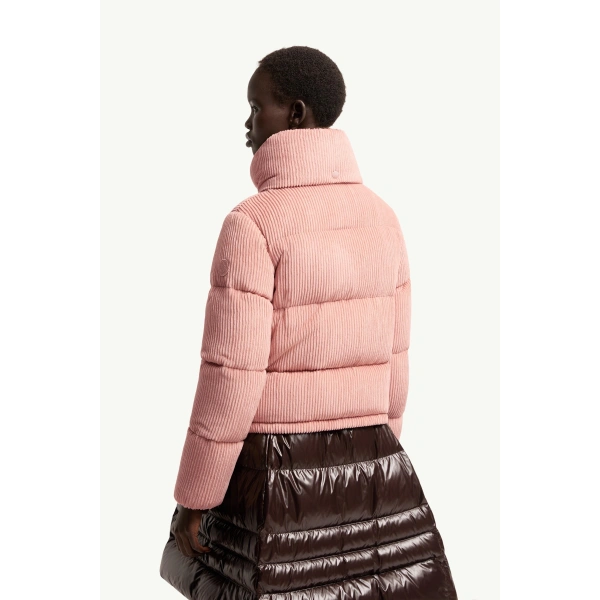 Moncler Lumineux Corduroy Short Down Jacket in Pink, view 5 | Women's Puffer Jackets | Coveti