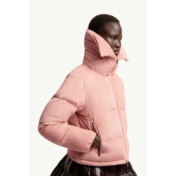 Moncler Lumineux Corduroy Short Down Jacket in Pink, view 6 | Women's Puffer Jackets | Coveti